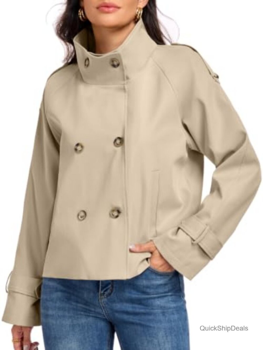 Women's Cropped Trench Coat Funnel Neck Double Breasted Fall Jacket with Pockets
